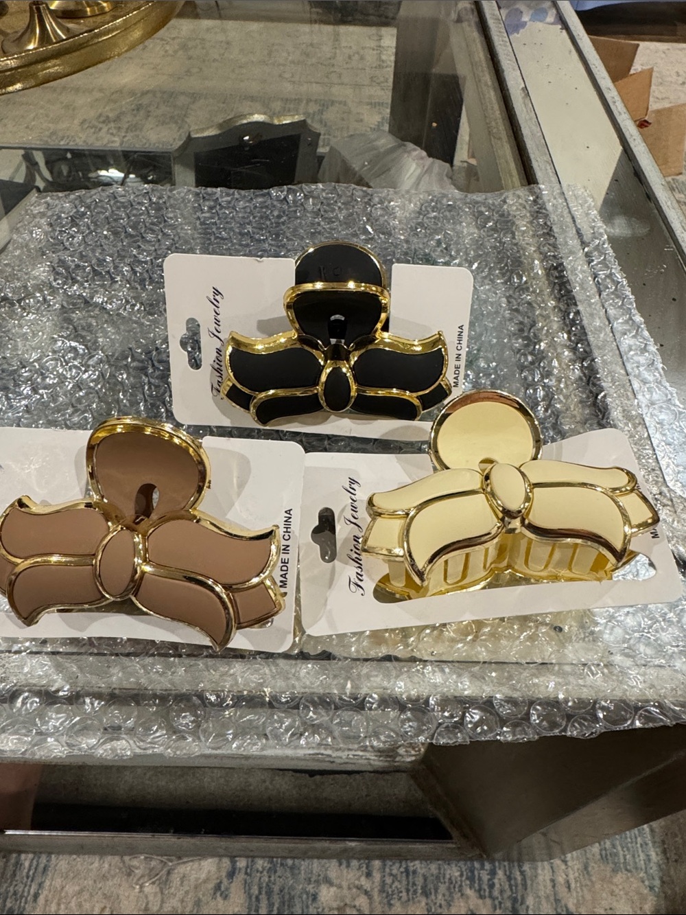 Fashion Jewelry Gold-Trim Bow Hair Clip Set in Black, Cream, Taupe